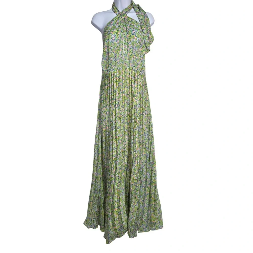 ByTiMo Plisse Pleated Halterneck‎ Maxi Dress In Green Garden Open Back  Large